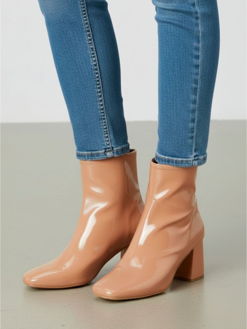 Camel Patent Leather Block Heel Ankle Boots With Back Zipper & Square Toe Design